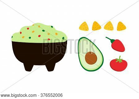 Mexican Guacamole Dip, Spread, Sauce In Bowl With Vegetables. Avocado, Tomato, Chili Pepper And Nach