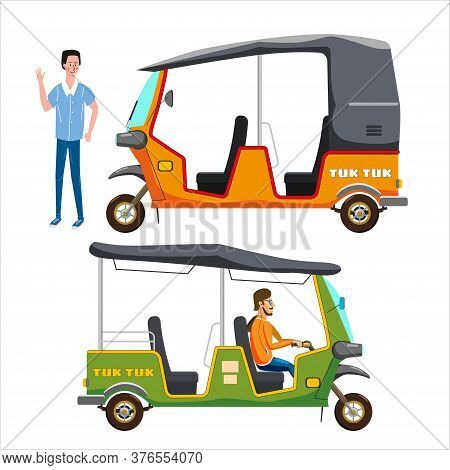 Set Tuk Tuk Asian Auto Rickshaw Three Wheeler Tricycles With Local Driver. Thailand, Indian Countrie
