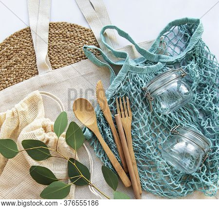 Cotton Bags, Net Bag With Reusable  Glass Jars And Bamboo Cutlery. Zero Waste Concept. Eco Friendly.