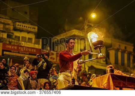 Varanasi, India - Dec 25, 2019: Ganga Aarti On The Dashashwamedh Ghat At Varanasi Uttar Pradesh Indi