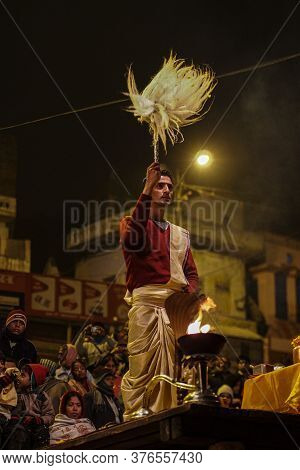 Varanasi, India - Dec 25, 2019: Ganga Aarti On The Dashashwamedh Ghat At Varanasi Uttar Pradesh Indi