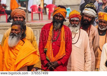 Varanasi, India - Dec 23, 2019: Sadhu At The Ghats In Varanasi, Uttar Pradesh, Ascetic Holy Mans In 