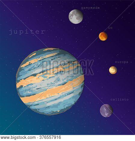 Jupiter And Four Satellites View From Space Vector Illustration For Education Training Manuals Textb