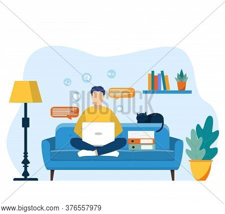 Man With Laptop Sitting On The Chair. Home Office. Working At Home. Lot Of Work. Freelance Or Studyi