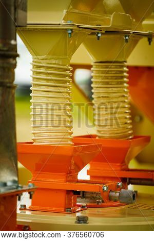 Grain Processing Machine, Detail View. Agricultural Seeder Machine With Plastics Pipes Using For Sor