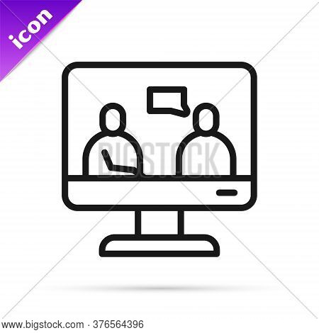 Black Line Online Education And Graduation Icon Isolated On White Background. Online Teacher On Moni