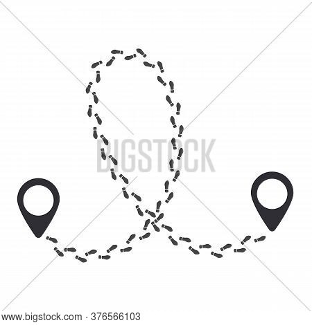 Human Foot Prints Path With Tag Points. Traveler Man Boot Steps Tracking On Route Isolated On White 