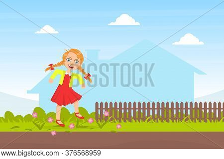 Bully Girl Treading Down Flowers In Meadow, Kids Aggressive Behavior Cartoon Vector Illustration