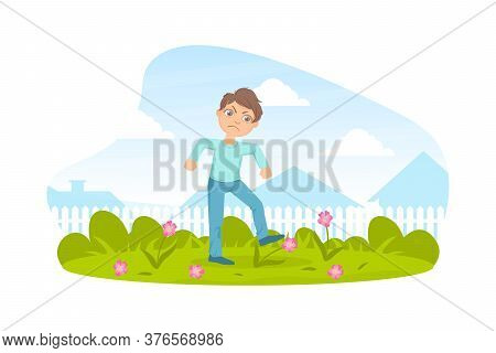 Bully Boy Treading Down Flowers In Meadow, Kids Aggressive Behavior Cartoon Vector Illustration