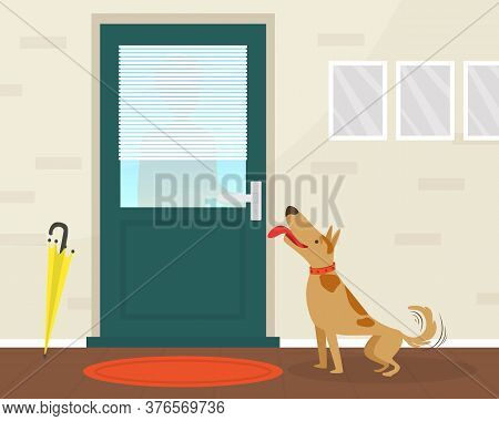 Cute Happy Dog Meeting Its Owner At The Door Flat Vector Illustration