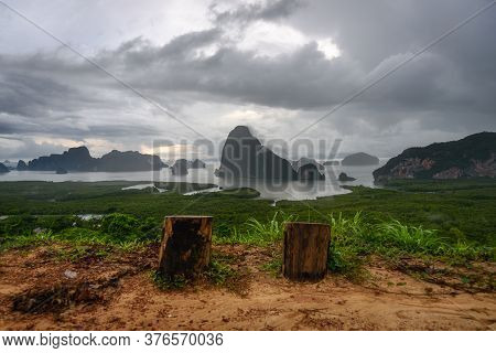 The Scenery Of The Sametnangshe Island In The Morning With The Dramatic Sky At Phang Nga Province, T