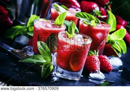 Traditional Brazilian Alcoholic Cocktail, Strawberry Caipirinha With Cachaca, Sugar Syrup, Lime, Min