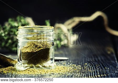 Seasoning, Dried Caucasian Herbs, Black Background, Selective Focus