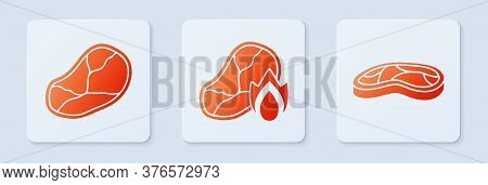 Set Grilled Steak Meat And Fire Flame, Steak Meat And Steak Meat. White Square Button. Vector