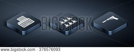 Set Isometric Retro Typewriter, Pistol Or Gun With Silencer And Jurors Icon. Vector