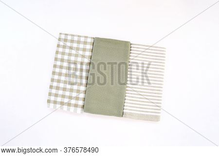 Top View New Kitchen Towels In Green Olives Strip And White Color Simple Pattern In Differnet Style
