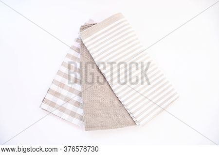 Top View New Kitchen Towels In Brown Chermolla Strip And White Color Simple Pattern In Differnet Sty