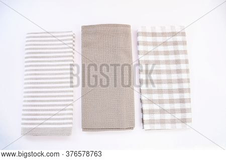 Top View New Kitchen Towels In Brown Chermolla Strip And White Color Simple Pattern In Differnet Sty