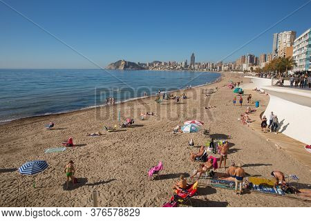 Benidorm, Spain-february 4th 2020: The Beach In The Month Before The Covid Virus Lockdown At Benidor