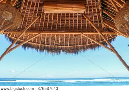 Outdoor Restaurant At The Beach. Cafe On The Beach, Ocean And Sky. View To Beach From Bar In Bali, I