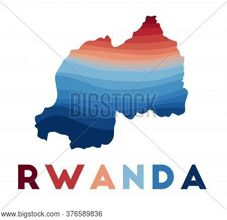 Rwanda Map. Map Of The Country With Beautiful Geometric Waves In Red Blue Colors. Vivid Rwanda Shape
