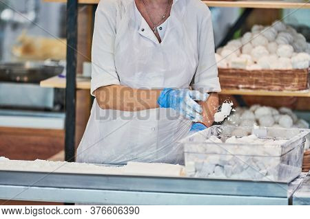 Confectioner Woman Makes Sweet Delicious. Pastry-cook Cooks Pastila And Sharbat - Tasty Sweetness. C