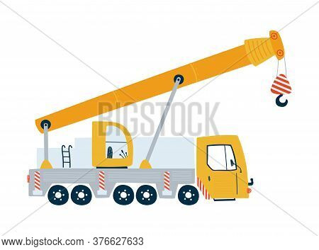 Yellow Truck Crane Isolated On A White Background In Flat Style. Icons Kids Cars For Design Of Child