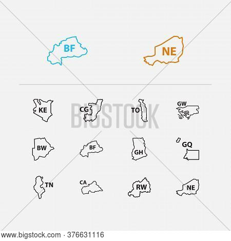 Country Icons Set. Botswana And Country Icons With Guinea-bissau, Tunisia, Rwanda. Set Of Boundary F
