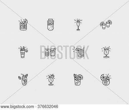 Drink Icons Set. Pina Colada And Drink Icons With Pineapple Juice, Champagne And Kambucha. Set Of Ma