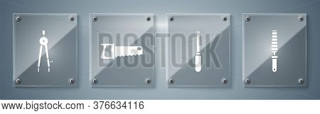 Set Chisel Tool For Wood, Screwdriver, Hand Saw And Drawing Compass. Square Glass Panels. Vector