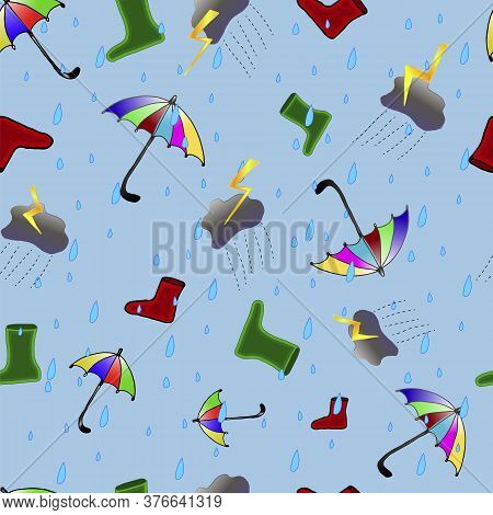 Rainy Day Seamless Pattern With Umbrellas, Clouds And Funny Boots.