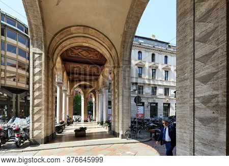 Milan, Italy - April 17, 2018. Old Arched Passageway Between Filippo Meda Square And Belgioioso Squa