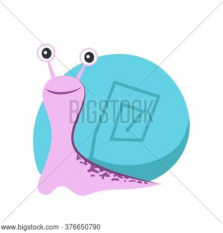 Smiling Cute Snail With Blue Cochlea Flat Icon. Cartoon Character, Slug, Pet. Mollusk Concept. Illus