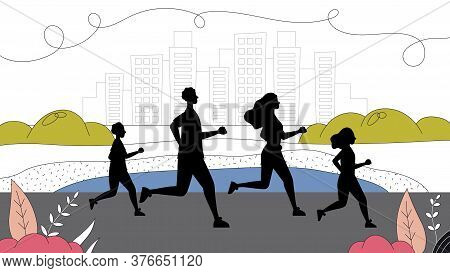Concept Of Sport, Leading Healthy Lifestyle. Family Running Marathon Together In Park. Father, Mothe