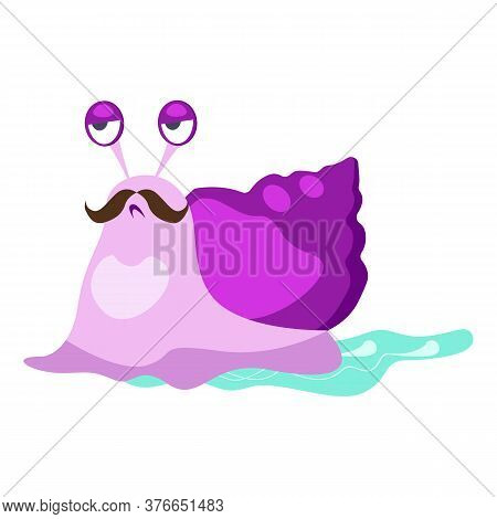 Crawling Purple Snail With Moustache Flat Icon. Book Character, Underwater World, Slug. Mollusk Conc