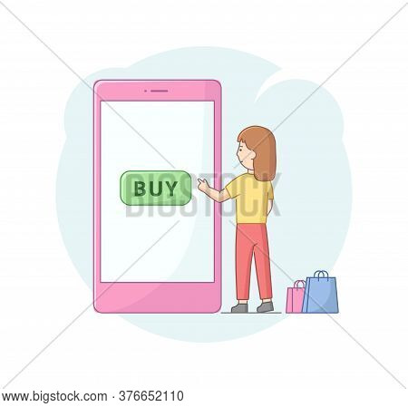 Concept Of Online Shopping. Girl Doing Shopping Online. Woman Order On The Internet Goods, Pressing 