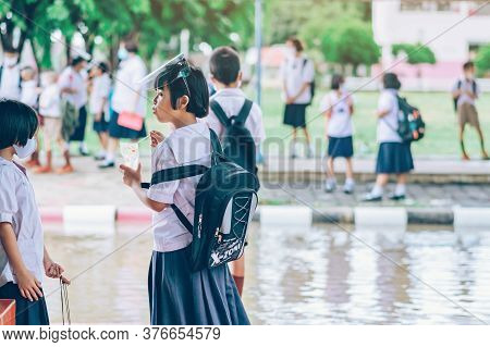 Kanchanaburi,thailand-july 2,2020:unidentified Elementary School Students Wear Face Mask To Prevent 