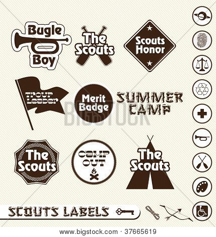Vektor-Satz: junge Pfadfinder, Etiketten und Abzeichen