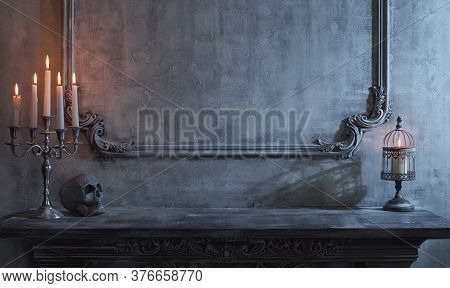 Mystical Halloween Still-life Background. Skull, Candlestick With Candles, Old Fireplace. Horror And