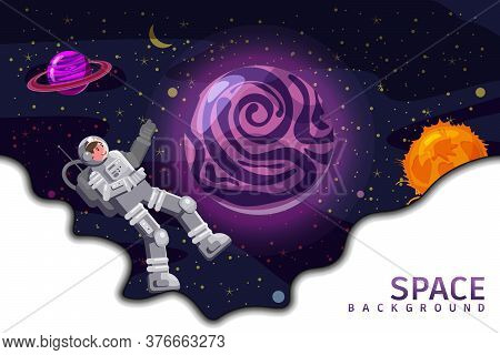 Space Background Card With Spaceman, Black Hole, Planets, Stars. Austronaut Panoramic Space Template