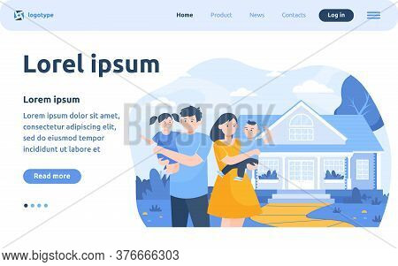 Happy Young Family Standing In Front Of House Flat Vector Illustration. Cartoon Mother, Father And K