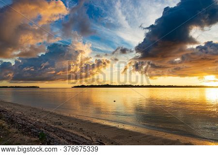 Sunrise Dramatic Sky Over Sea, Tropical Islands, Unique Stormy Clouds And Golden Sunlight, Travel De