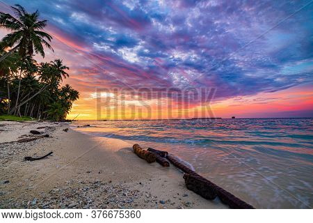Sunrise Dramatic Sky On Sea, Tropical Desert Beach, No People, Stormy Clouds, Travel Destination, In