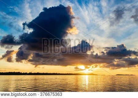 Sunrise Dramatic Sky Over Sea, Tropical Islands, Unique Stormy Clouds And Golden Sunlight, Travel De