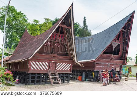 Lake Toba, Indonesia - Circa February, 2019: Batak Traditional Houses In A Row At Ambarita Village,
