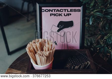 London, Uk - July 02, 2020: Contactless Pics Up Sign And Station Inside Joe & The Juice, Chain Of Ju