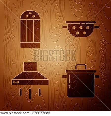 Set Cooking Pot, Salt, Kitchen Extractor Fan And Kitchen Colander On Wooden Background. Vector