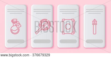 Set Line Bottle With Love Potion, Magic Wand, Ancient Magic Book And Magic Staff. White Rectangle Bu