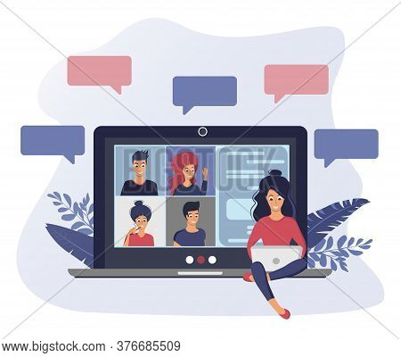 Video Conference. People Group On Computer Screen Taking With Colleague.