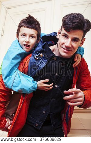 Faher And Son Together Having Fun At Home, Lifestyle Happy Family, People At Home